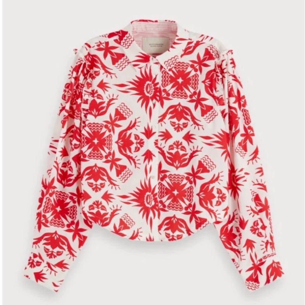 Scotch & Soda • Cropped Ruffle Detail Shirt Size Medium Aloha Print